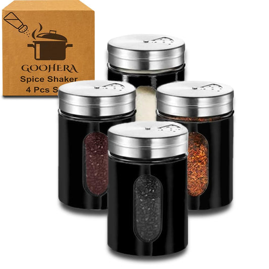 4-Piece Premium Stainless Steel Salt and Pepper Shakers Set – Adjustable Pour Holes Spice Dispenser for Salt Sugar Cinnamon and Pepper – Stylish Kitchen Seasoning and Spice Shaker Set (Black)